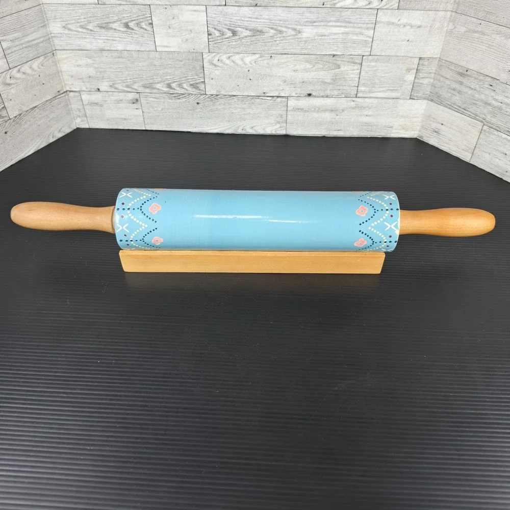 The Nordic Ceramic Rolling Pin Blue Floral with Wood Handles and Base
